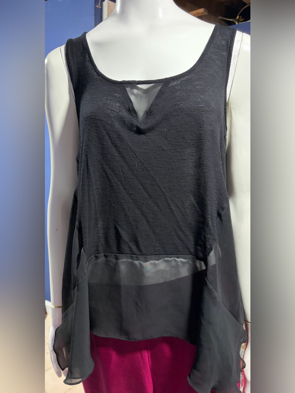 Lottie and Holly Black Sheer Panel Sleeveless Tank Top  Size Med